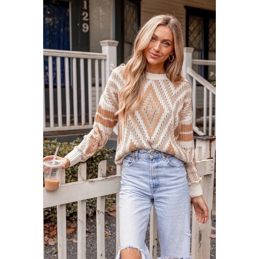 Diamond Pattern Knit Sweater Pullover‎ Crewneck F… - image 3